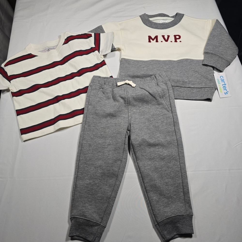 Carters 3T  Boys 3pc Set‎ MVP Sweatshirt Striped Tee Joggers Gray Red